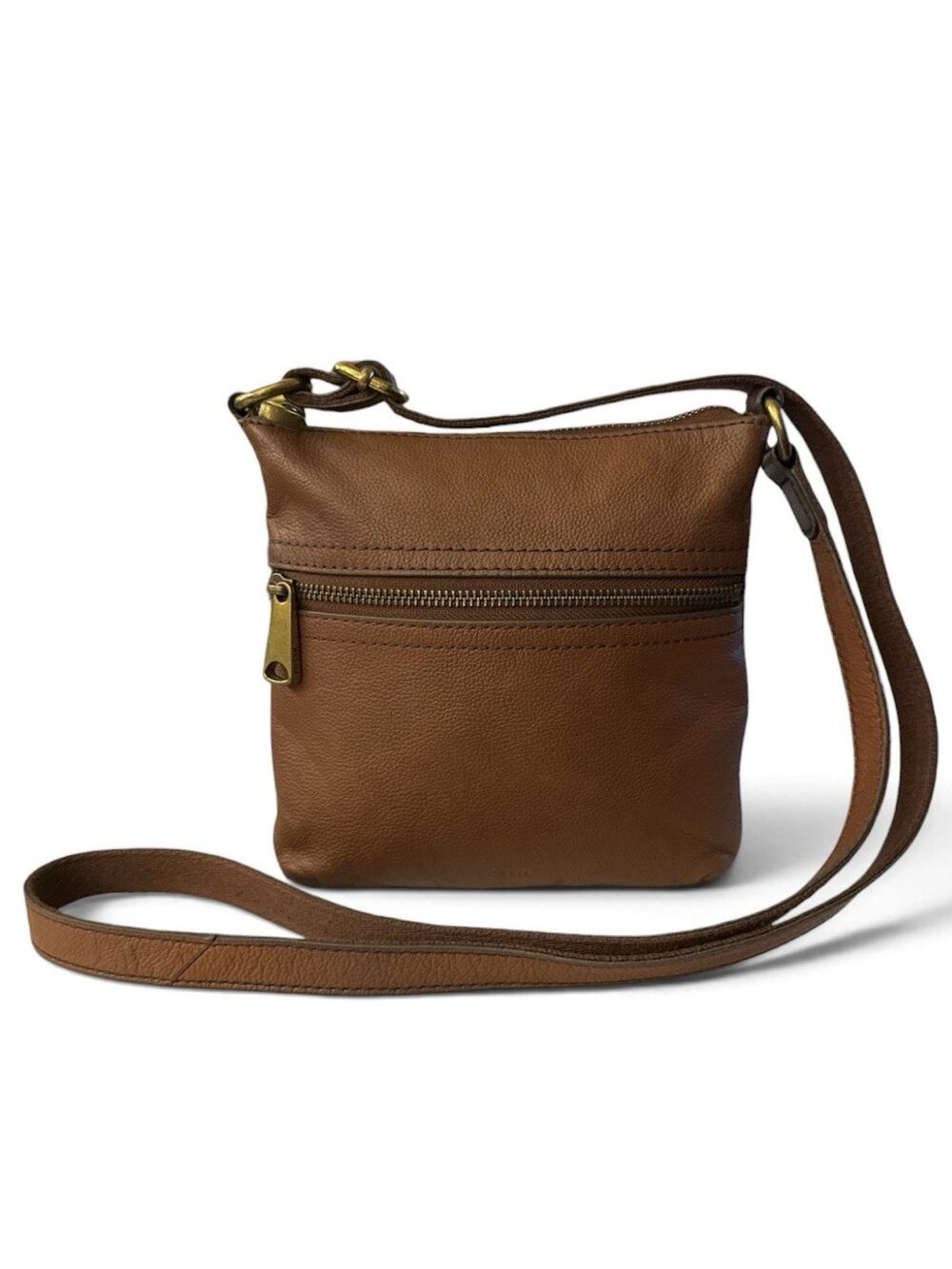 Fossil Voyager Pebble Cow Hide Leather Small Square Crossbody Carmel Brown EUC